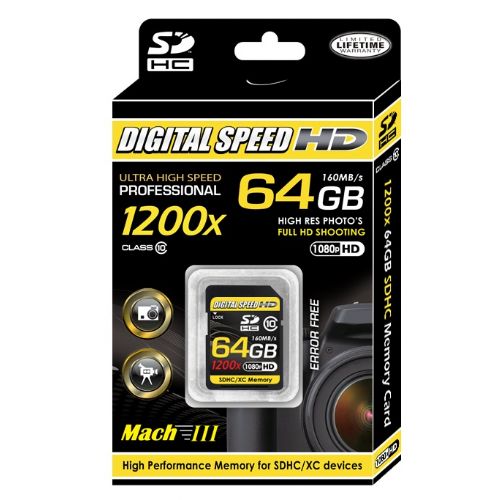 Digital Speed 1200X 64GB Professional High Speed Mach III 160MB/s Error Free (SDHC) HD Memory Card Class 10